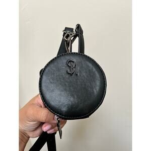 Steve Madden Black Vegan Leather Add On Round Zip Up Mini Pouch SM Logo & Strap